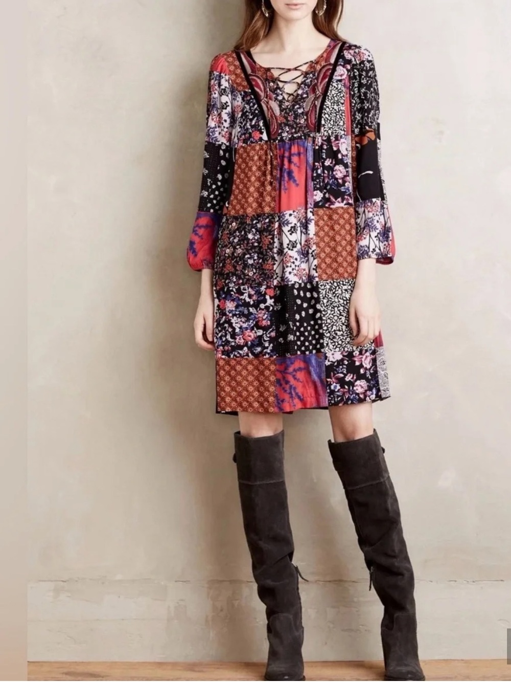 Anthropologie Arcarta Boho Patchwork Lace-Up Long Sleeve Dress, Rust & Red,Large